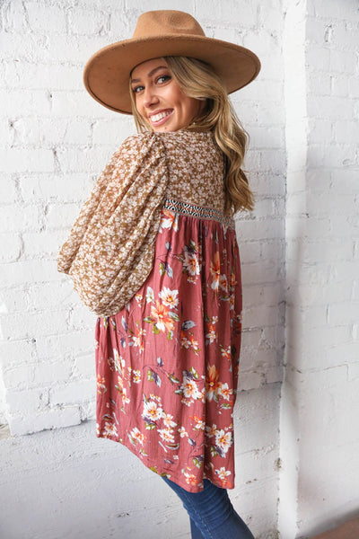 Mauve & Taupe Ditzy Floral Braided Ruffle Bubble Sleeve Blouse