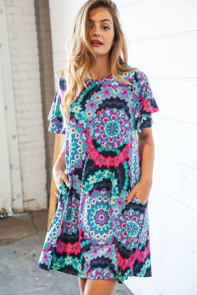 Multicolor Geo Print Double Ruffle Short Sleeve Pocket Dress