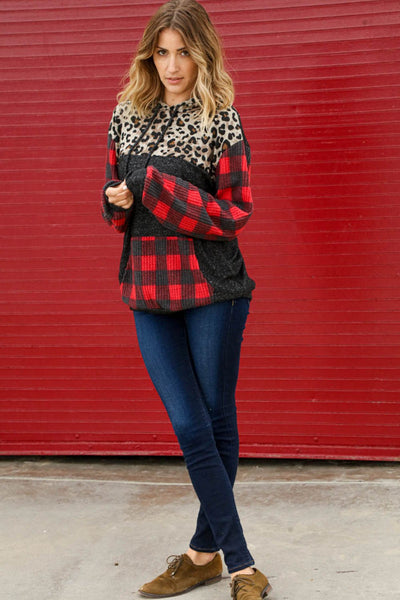 Brushed Hacci Leopard & Plaid Color Block Hoodie