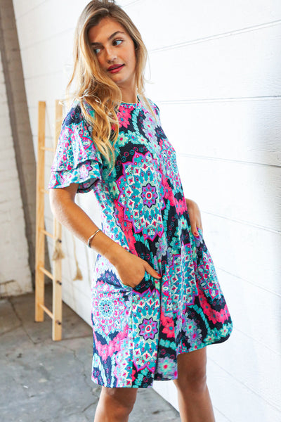 Multicolor Geo Print Double Ruffle Short Sleeve Pocket Dress