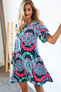 Multicolor Geo Print Double Ruffle Short Sleeve Pocket Dress