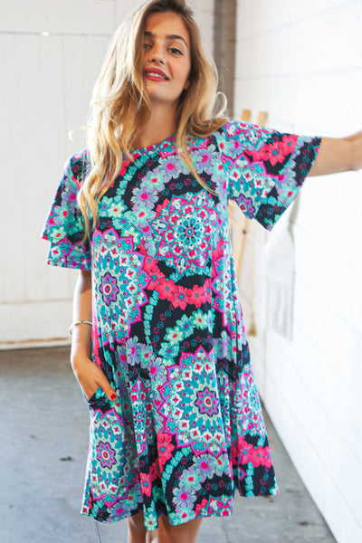 Multicolor Geo Print Double Ruffle Short Sleeve Pocket Dress