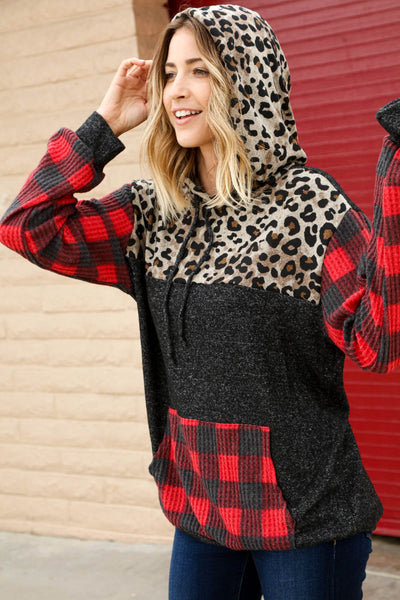 Brushed Hacci Leopard & Plaid Color Block Hoodie