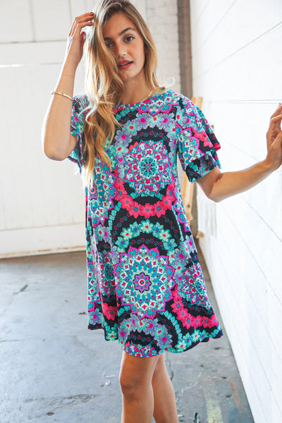 Multicolor Geo Print Double Ruffle Short Sleeve Pocket Dress