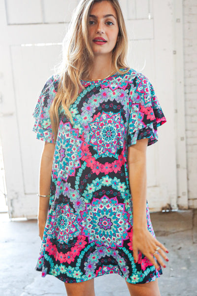 Multicolor Geo Print Double Ruffle Short Sleeve Pocket Dress