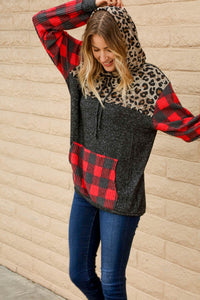 Brushed Hacci Leopard & Plaid Color Block Hoodie