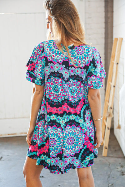 Multicolor Geo Print Double Ruffle Short Sleeve Pocket Dress