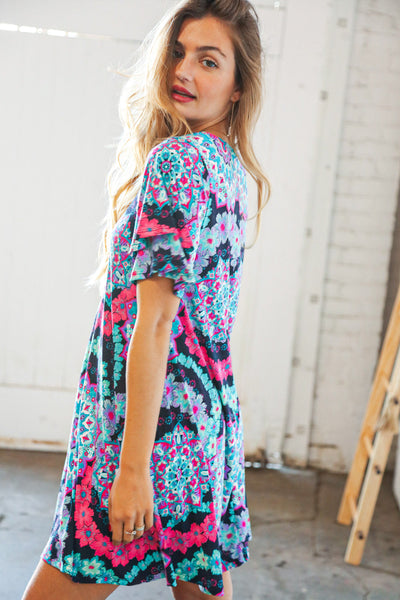 Multicolor Geo Print Double Ruffle Short Sleeve Pocket Dress