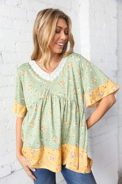 Lime Floral Print V Neck Lace Flutter Sleeve Top