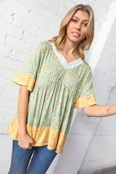 Lime Floral Print V Neck Lace Flutter Sleeve Top