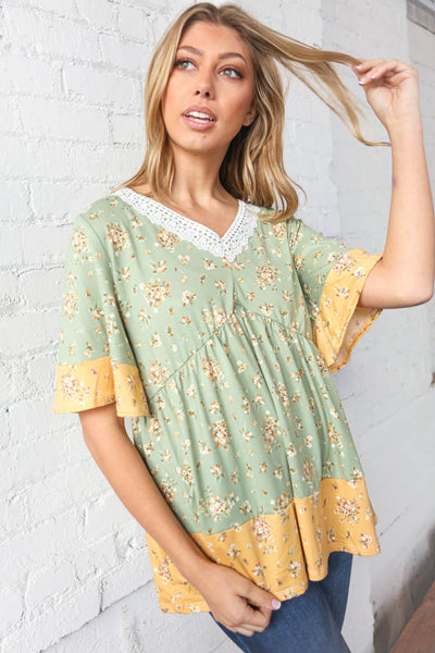 Lime Floral Print V Neck Lace Flutter Sleeve Top