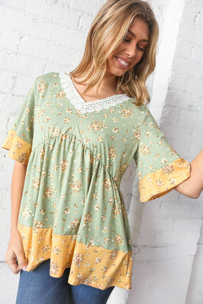 Lime Floral Print V Neck Lace Flutter Sleeve Top