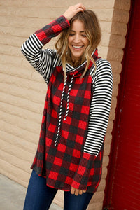 Brushed Waffle Stripe Plaid Turtleneck Knit Top