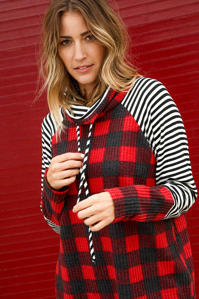 Brushed Waffle Stripe Plaid Turtleneck Knit Top