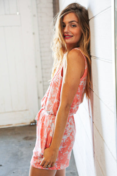 Coral Tie Dye Terry Elastic Waist Pocketed Romper