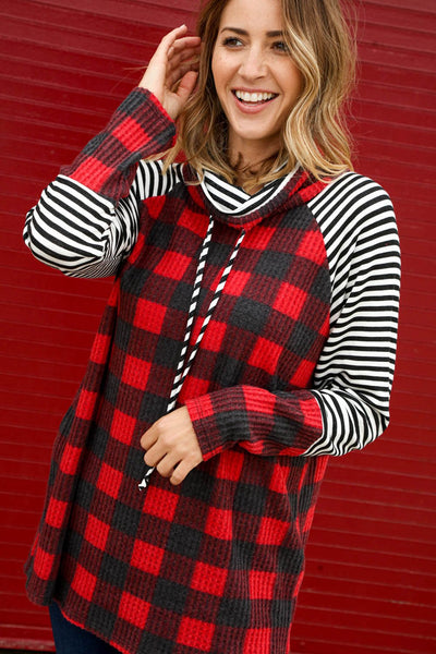 Brushed Waffle Stripe Plaid Turtleneck Knit Top