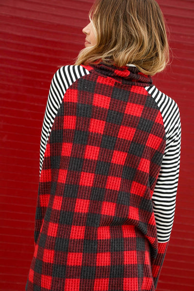 Brushed Waffle Stripe Plaid Turtleneck Knit Top