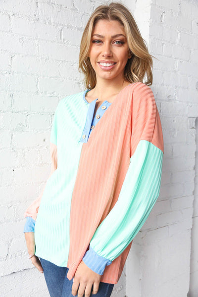 Mint & Coral Button Placket Pointelle Rib Top