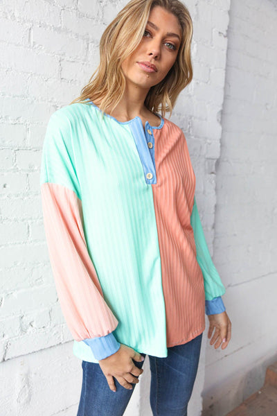 Mint & Coral Button Placket Pointelle Rib Top