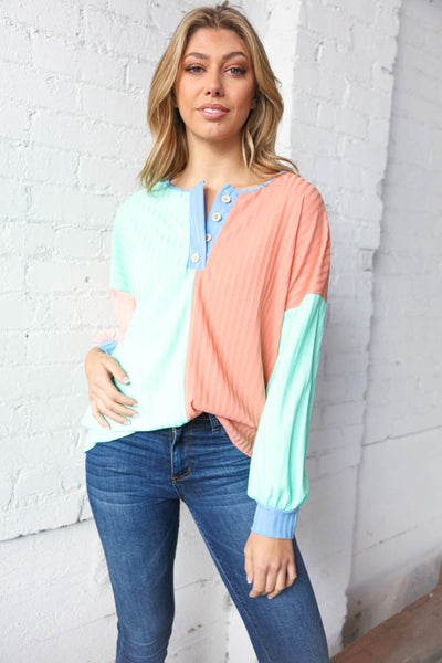 Mint & Coral Button Placket Pointelle Rib Top