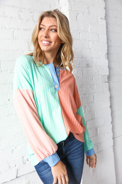 Mint & Coral Button Placket Pointelle Rib Top