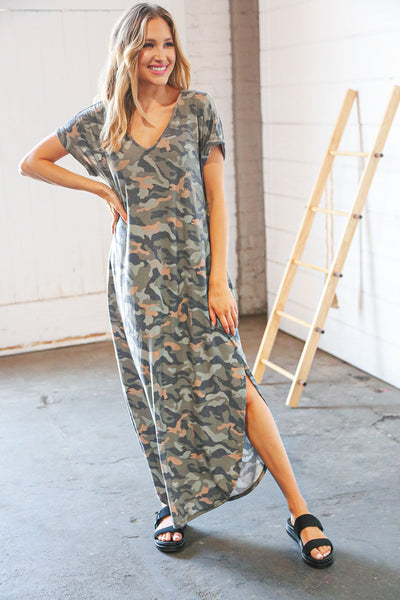 Camo Dolman Capped Sleeve Criss-Cross Back Maxi