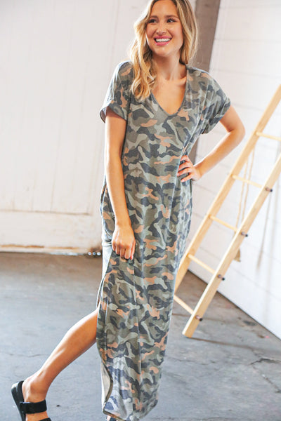 Camo Dolman Capped Sleeve Criss-Cross Back Maxi