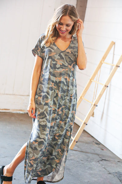 Camo Dolman Capped Sleeve Criss-Cross Back Maxi