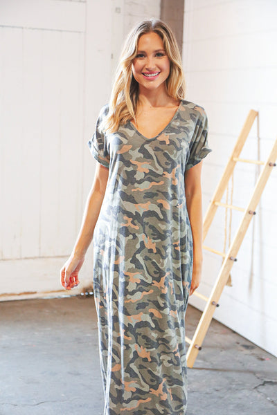 Camo Dolman Capped Sleeve Criss-Cross Back Maxi