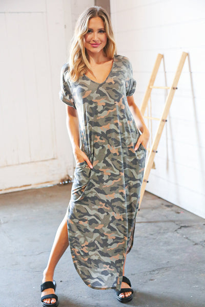 Camo Dolman Capped Sleeve Criss-Cross Back Maxi