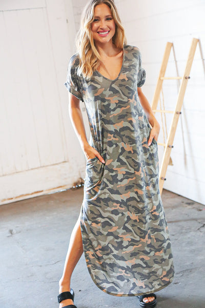 Camo Dolman Capped Sleeve Criss-Cross Back Maxi