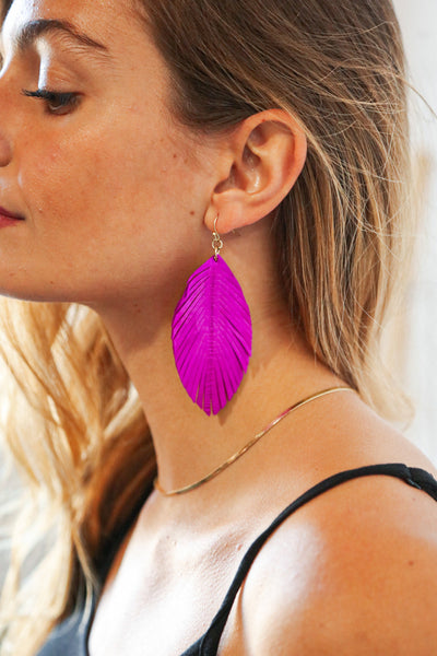 Fushia Feather Me Pretty Leather Earrings