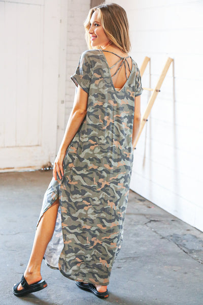 Camo Dolman Capped Sleeve Criss-Cross Back Maxi