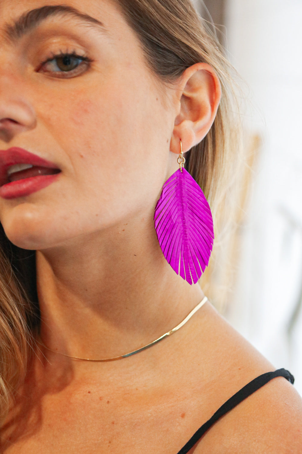 Fushia Feather Me Pretty Leather Earrings