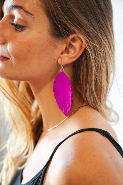 Fushia Feather Me Pretty Leather Earrings