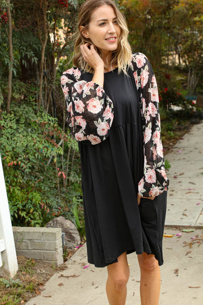 Floral Chiffon Flare Knit Dress with Side Pockets