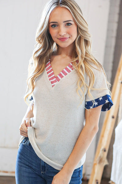 Oatmeal Patriotic V Neck Banded Short Sleeve Top