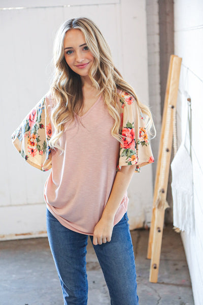 Peach Floral Print Bell Sleeve Color Block Top