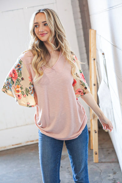 Peach Floral Print Bell Sleeve Color Block Top