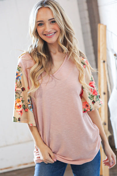 Peach Floral Print Bell Sleeve Color Block Top