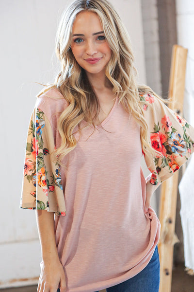 Peach Floral Print Bell Sleeve Color Block Top