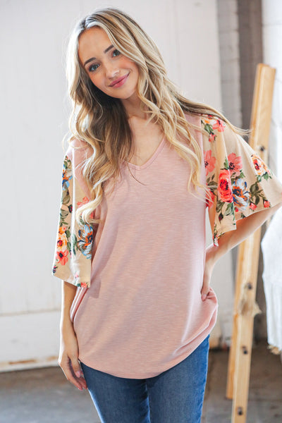 Peach Floral Print Bell Sleeve Color Block Top