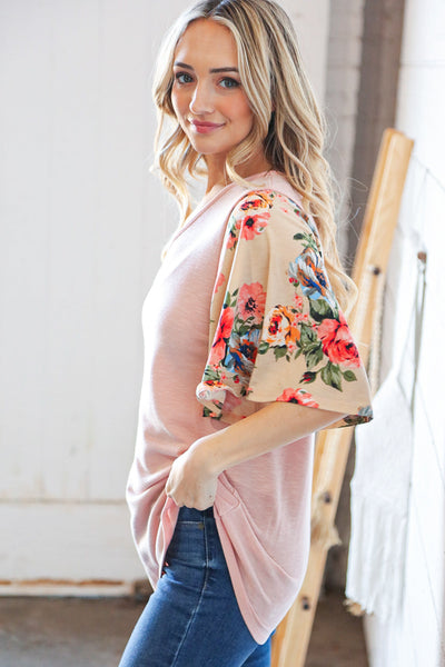 Peach Floral Print Bell Sleeve Color Block Top