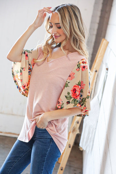 Peach Floral Print Bell Sleeve Color Block Top