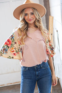 Peach Floral Print Bell Sleeve Color Block Top