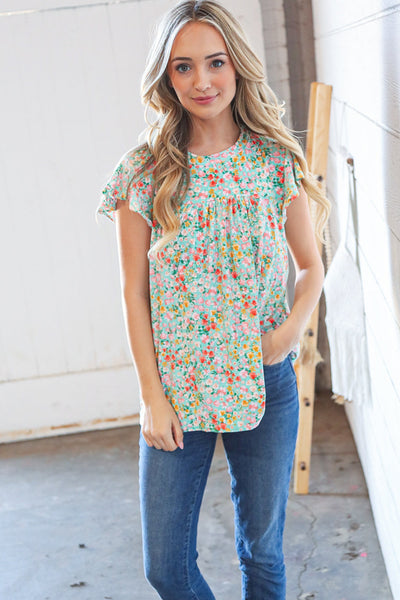 Mint Floral Print Ruffle Short Sleeve Top