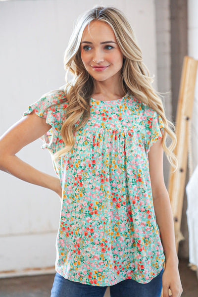 Mint Floral Print Ruffle Short Sleeve Top