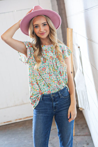 Mint Floral Print Ruffle Short Sleeve Top