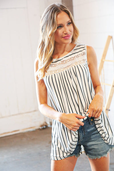 Black Stripe Crochet Lace Yoke Sleeveless Top