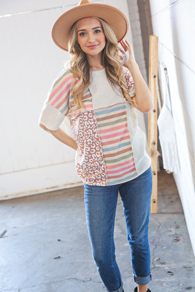 Linen Rib Leopard Stripe Color Block Knit Top